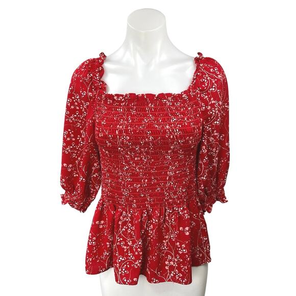 Max Studio Red Floral Ruffle Stretch 3/4 Sleeve Smocked Peplum Blouse Top Size M - Picture 1 of 5
